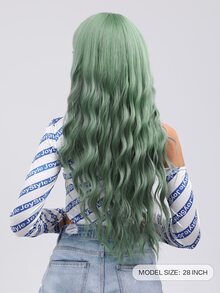 Water Wave Wigs With Bangs Dark Brown 28 Inch Heat Resistant Fiber Long Wavy Deep Wave Synthetic Wigs For Women Party Daily Used - Green - View 2