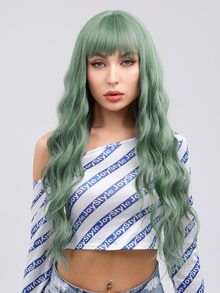 Water Wave Wigs With Bangs Dark Brown 28 Inch Heat Resistant Fiber Long Wavy Deep Wave Synthetic Wigs For Women Party Daily Used - Green - View 1