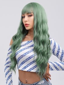Water Wave Wigs With Bangs Dark Brown 28 Inch Heat Resistant Fiber Long Wavy Deep Wave Synthetic Wigs For Women Party Daily Used - Green - View 3
