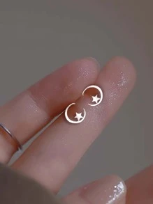 BALMORA 1 đôi Thanh tú & Duy nhất S925 Bạc nguyên chất Tối giản Sao & Mặt trăng Tai Trụ Đối với phụ nữ , Qủa tặng Đối với Pierced Đôi tai , Mặc hàng ngày Phụ kiện - Bạc - Xem 3