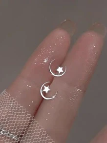 BALMORA 1 đôi Thanh tú & Duy nhất S925 Bạc nguyên chất Tối giản Sao & Mặt trăng Tai Trụ Đối với phụ nữ , Qủa tặng Đối với Pierced Đôi tai , Mặc hàng ngày Phụ kiện - Bạc - Xem 4
