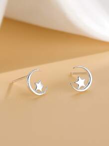 BALMORA 1 đôi Thanh tú & Duy nhất S925 Bạc nguyên chất Tối giản Sao & Mặt trăng Tai Trụ Đối với phụ nữ , Qủa tặng Đối với Pierced Đôi tai , Mặc hàng ngày Phụ kiện - Bạc - Xem 5