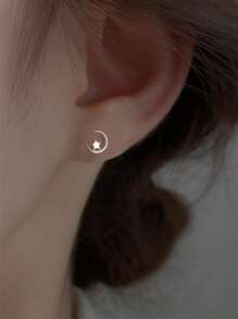 BALMORA 1 đôi Thanh tú & Duy nhất S925 Bạc nguyên chất Tối giản Sao & Mặt trăng Tai Trụ Đối với phụ nữ , Qủa tặng Đối với Pierced Đôi tai , Mặc hàng ngày Phụ kiện - Bạc - Xem 2