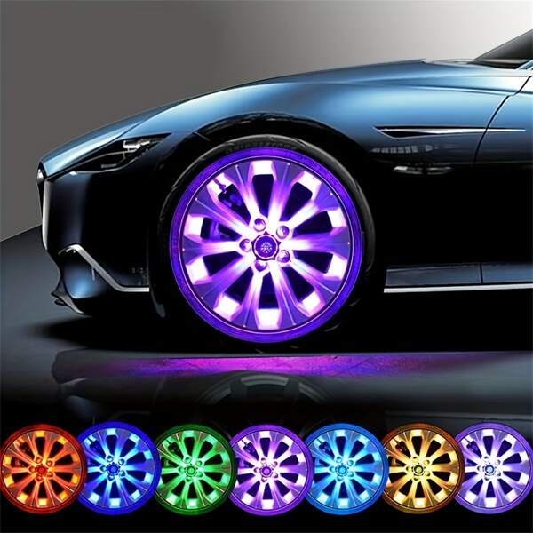 4pcs car wheel hub lights, solar wheel hub lights, seven color RGB LED waterproof decorative lights, flashing lights, atmosphere lights for cars RV
