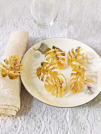 6 piezas/set hierro Servilletero moderno con diseño de hoja Anillo de servilleta para fiesta