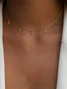 1 pieza 100% plata de ley 925 sol luna con cadena Collar de clavícula de mujeres 18k dorado compromiso Collar gargantilla - oro - Ver 2