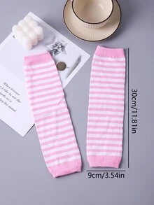 Pink & White Striped Fingerless Long Arm Sleeve Simple & Fashionable Decorative Gloves - Multicolor - View 3