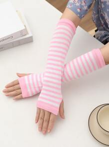 Pink & White Striped Fingerless Long Arm Sleeve Simple & Fashionable Decorative Gloves - Multicolor - View 1