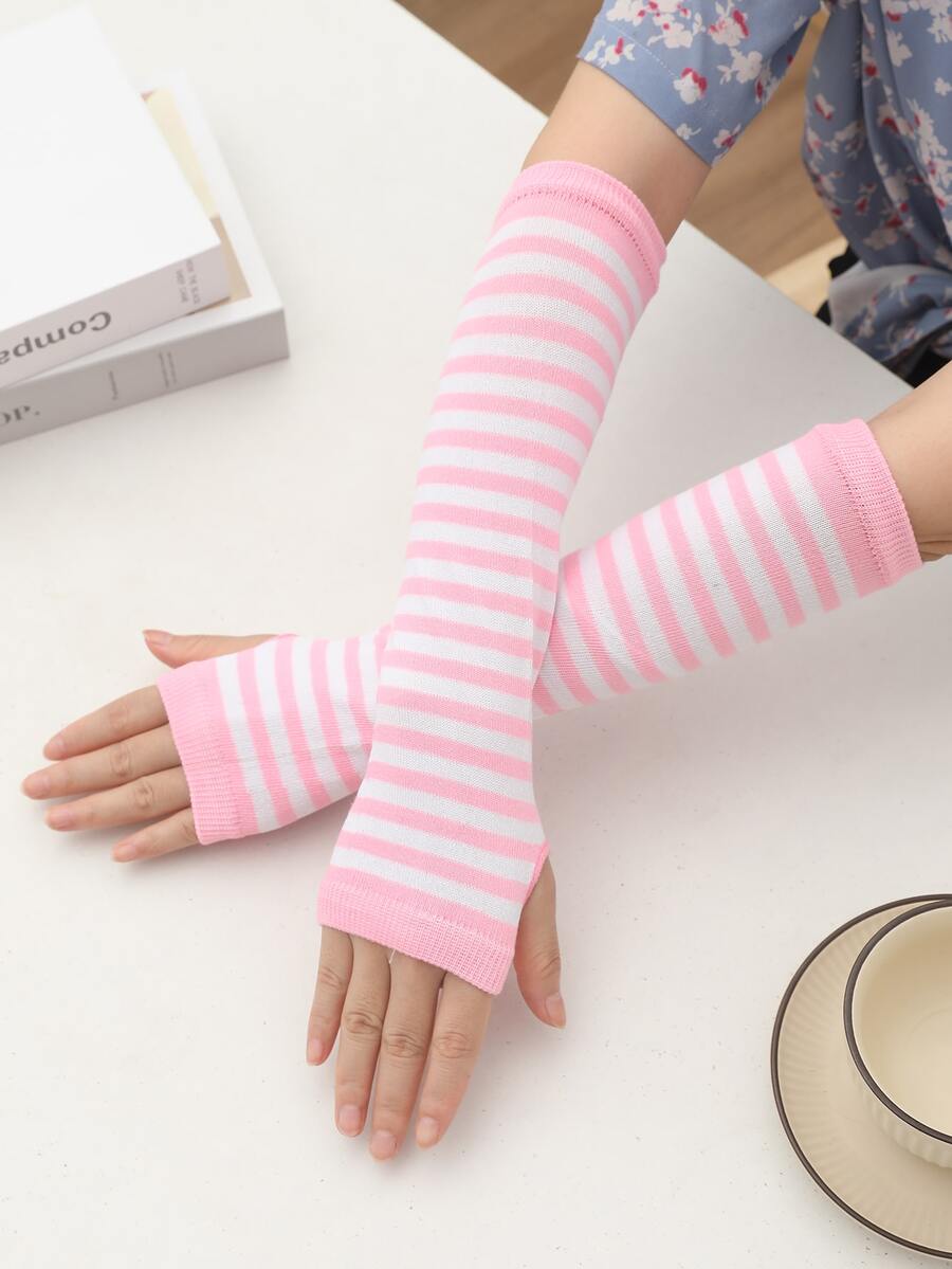 Pink & White Striped Fingerless Long Arm Sleeve Simple & Fashionable Decorative Gloves - Multicolor - View 1