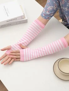 Pink & White Striped Fingerless Long Arm Sleeve Simple & Fashionable Decorative Gloves - Multicolor - View 2