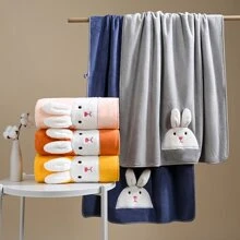 1 Set de conejo Toalla Set toallas de baño , 3d con bordado largo oreja conejo forro polar coral grueso suave absorbente adecuado para mujeres casa usar baño - conejo/rosa - Ver 4