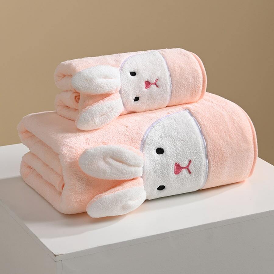 1 Set de conejo Toalla Set toallas de baño , 3d con bordado largo oreja conejo forro polar coral grueso suave absorbente adecuado para mujeres casa usar baño - conejo/rosa - Ver 1