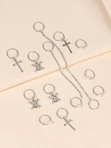 13pcs Cross & Skull Decor Hair Ring Street,Hair Accessories,Hair Clips,Hair Slide,Hair Barrettes, School Stuff - Silver - View 2