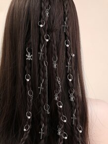 13pcs Cross & Skull Decor Hair Ring Street,Hair Accessories,Hair Clips,Hair Slide,Hair Barrettes, School Stuff - Silver - View 1
