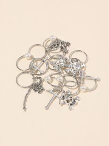 13pcs Cross & Skull Decor Hair Ring Street,Hair Accessories,Hair Clips,Hair Slide,Hair Barrettes, School Stuff - Silver - View 4