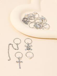 13pcs Cross & Skull Decor Hair Ring Street,Hair Accessories,Hair Clips,Hair Slide,Hair Barrettes, School Stuff - Silver - View 3