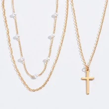 2入組人造珍珠十字吊墜多層女性鎖骨鏈條 - 金色 - 查看 3