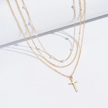2入組人造珍珠十字吊墜多層女性鎖骨鏈條 - 金色 - 查看 2