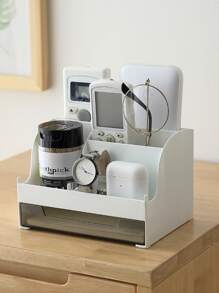 1個白色桌面整理收納盒,多功能桌上梳妝台化妝品收納櫃帶抽屜珠寶盒 - 白色 - 查看 2