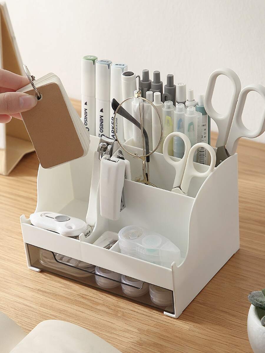 1個白色桌面整理收納盒,多功能桌上梳妝台化妝品收納櫃帶抽屜珠寶盒 - 白色 - 查看 1