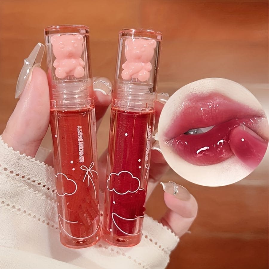 Jalea de brillo de labios con brillo similar a un espejo y una linda decoración de oso, de larga duración, a prueba de manchas, hidratante, a todo color, formador de película transparente
