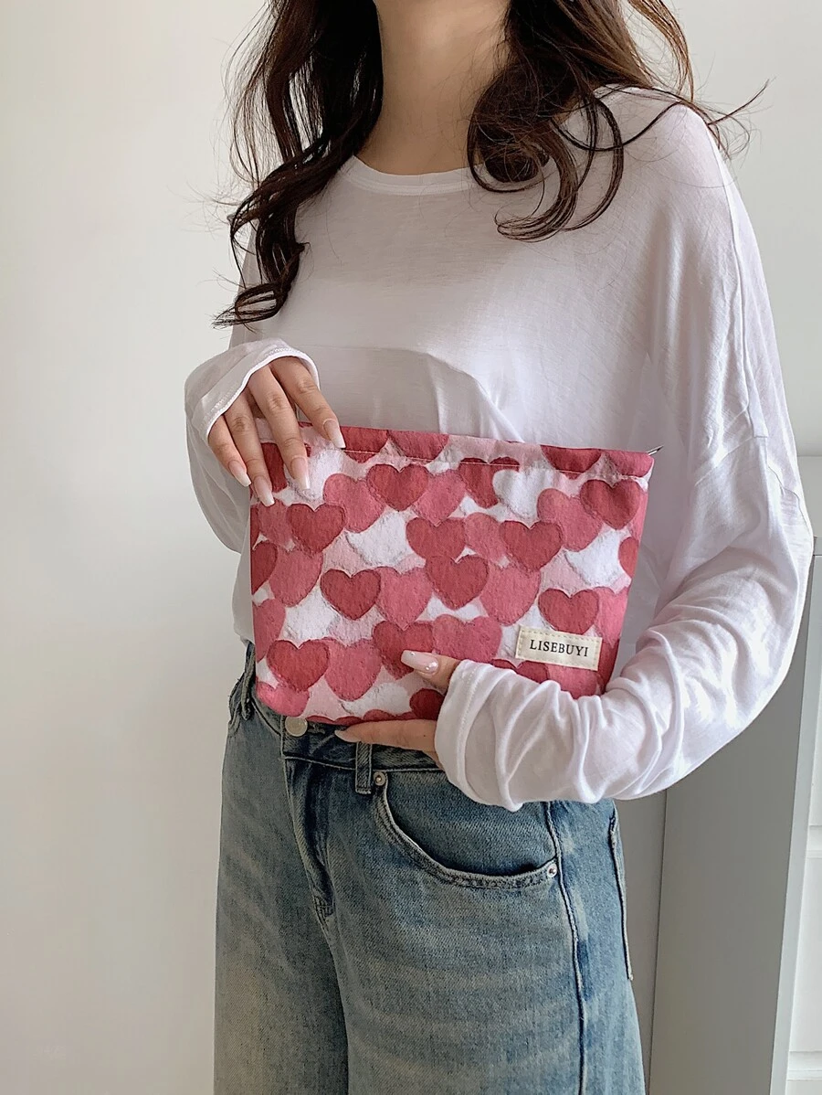 红心印花图案防水化妆包女士化妆包手提包钱包收纳化妆包女生化妆包旅行收纳包可爱化妆包