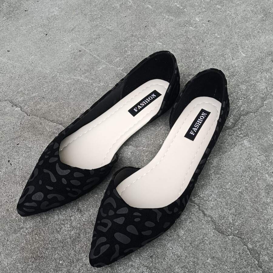 Leopard Print Pointed Toe Flat Slip On Work Shoes For Women - Black - View 1