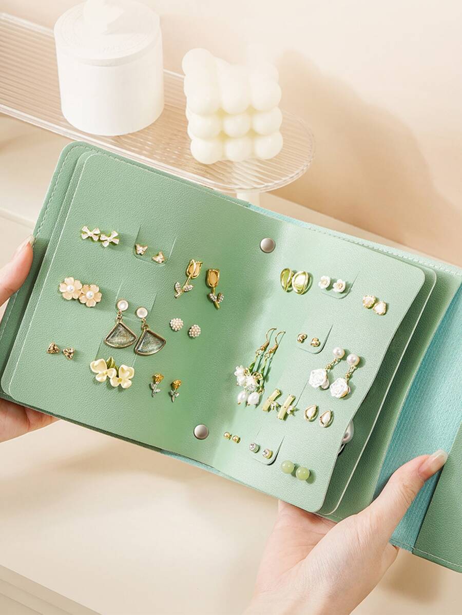 Neue Ohrstecker Ohrringe Schmuck Aufbewahrungsbox Im Buchstil Tragbares Schmuckkästchen Zur Aufbewahrung Von Verschiedenen Ohrringen Für Mädchen - Grün - Übersicht 1