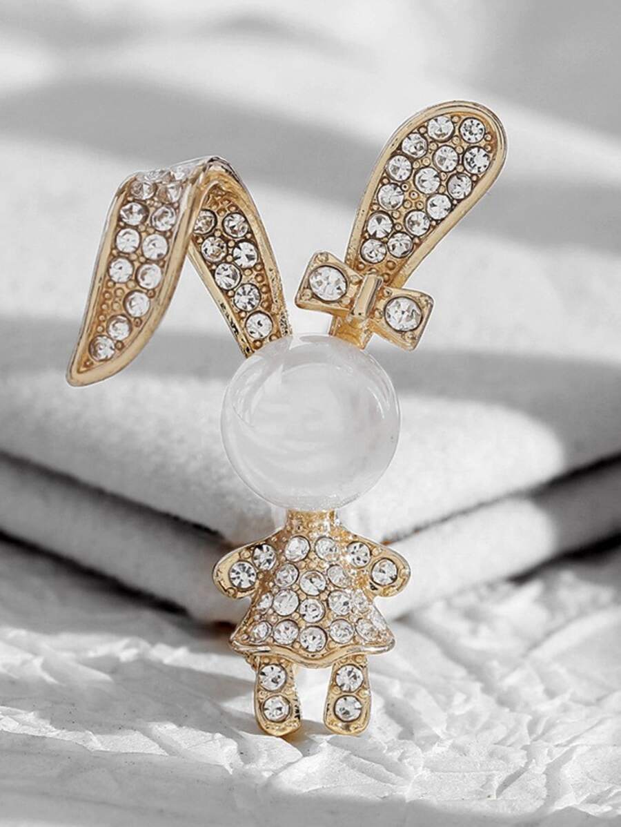 1pc Crystal-embedded Rabbit Brooch With Pearl Detailing For Women, Lightweight Clothes & Suit Accessory - Gold - View 1