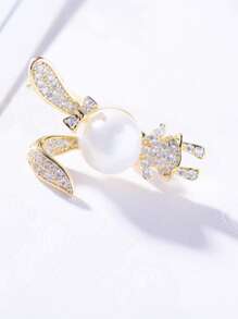 1pc Crystal-embedded Rabbit Brooch With Pearl Detailing For Women, Lightweight Clothes & Suit Accessory - Gold - View 3