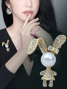 1pc Crystal-embedded Rabbit Brooch With Pearl Detailing For Women, Lightweight Clothes & Suit Accessory - Gold - View 5