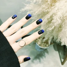 短漸層藍色的&黑色漸變按壓指甲片,美甲適合女士&女孩,帶可拆卸底座 - 藏蓝色 - 查看 1