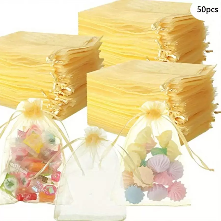 50pcs Organza Gift Bags For Jewelry Small Mesh Drawstring Pouches Wedding Party Favor Bags For Bracelets, - Gold - View 1