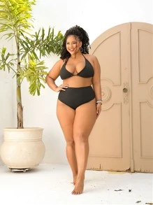 Plus Size Bikini Set With Cortininha Hot Pants Lined Without Pads - 黑色 - 查看 1