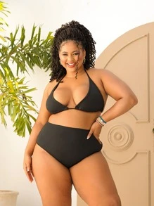 Plus Size Bikini Set With Cortininha Hot Pants Lined Without Pads - 黑色 - 查看 2