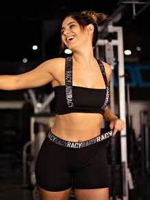 Conjunto Fitness Short e Cropped com Elástico Alta Elasticidade Conjuntos De Desporto Academia Preto