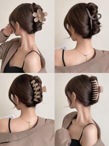 4 件女士咖啡色哑光大号塑料发夹，花朵、螺旋和蟹爪形状。时尚简约发饰，适合日常使用、外出、洗脸、洗澡、化妆、搭配衣服和发型。休闲 - 彩色 - 查看 1