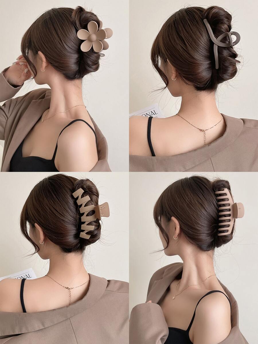 4 件女士咖啡色哑光大号塑料发夹，花朵、螺旋和蟹爪形状。时尚简约发饰，适合日常使用、外出、洗脸、洗澡、化妆、搭配衣服和发型。休闲 - 彩色 - 查看 1