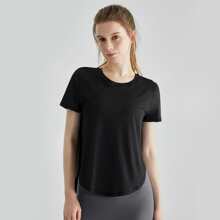 女款短袖瑜珈上衣寬鬆剪裁、快乾、戶外運動跑步t卹,帶有彎曲分裂下擺 - 黑色 - 查看 4