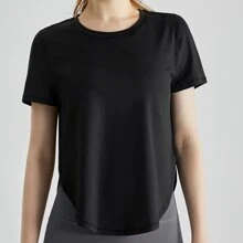 女款短袖瑜珈上衣寬鬆剪裁、快乾、戶外運動跑步t卹,帶有彎曲分裂下擺 - 黑色 - 查看 2