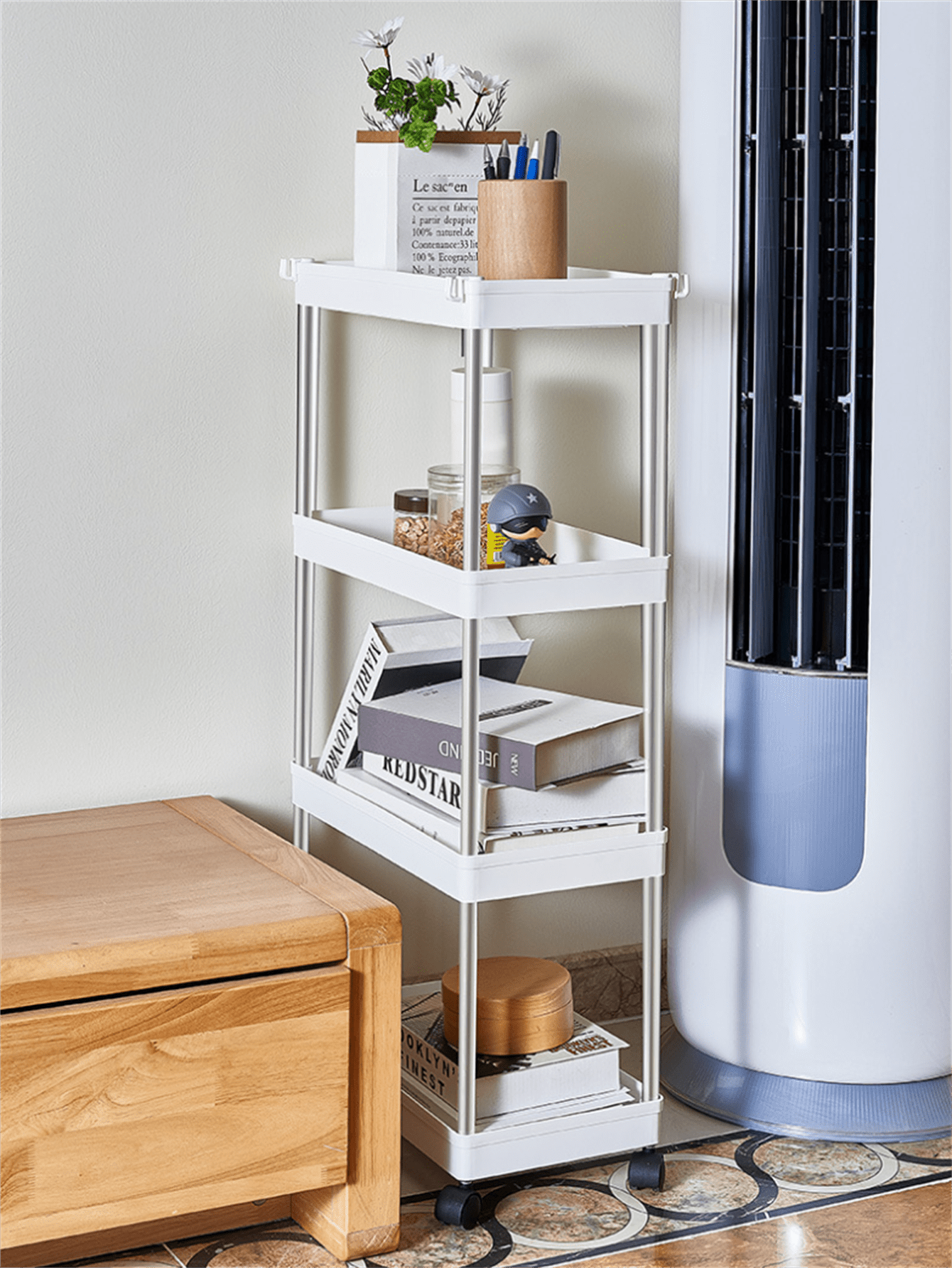 Mobile Cart Storage Shelf, Floorstanding Movable Organizer For Kitchen