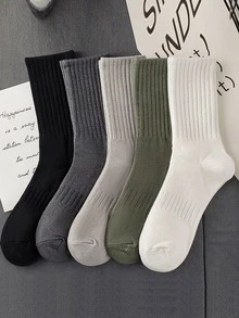 5 Pairs/set Men's Black White Gray Mid-calf Socks, All Season, Versatile Casual And Sports Socks
