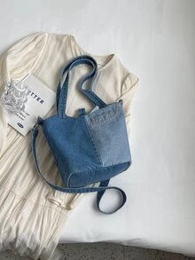 1入色塊丹寧輕量桶包,大容量,適用於女士作為日常肩背或斜挎包,適合約會和送禮 - 彩色 - 查看 4