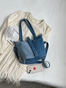 1入色塊丹寧輕量桶包,大容量,適用於女士作為日常肩背或斜挎包,適合約會和送禮 - 彩色 - 查看 5