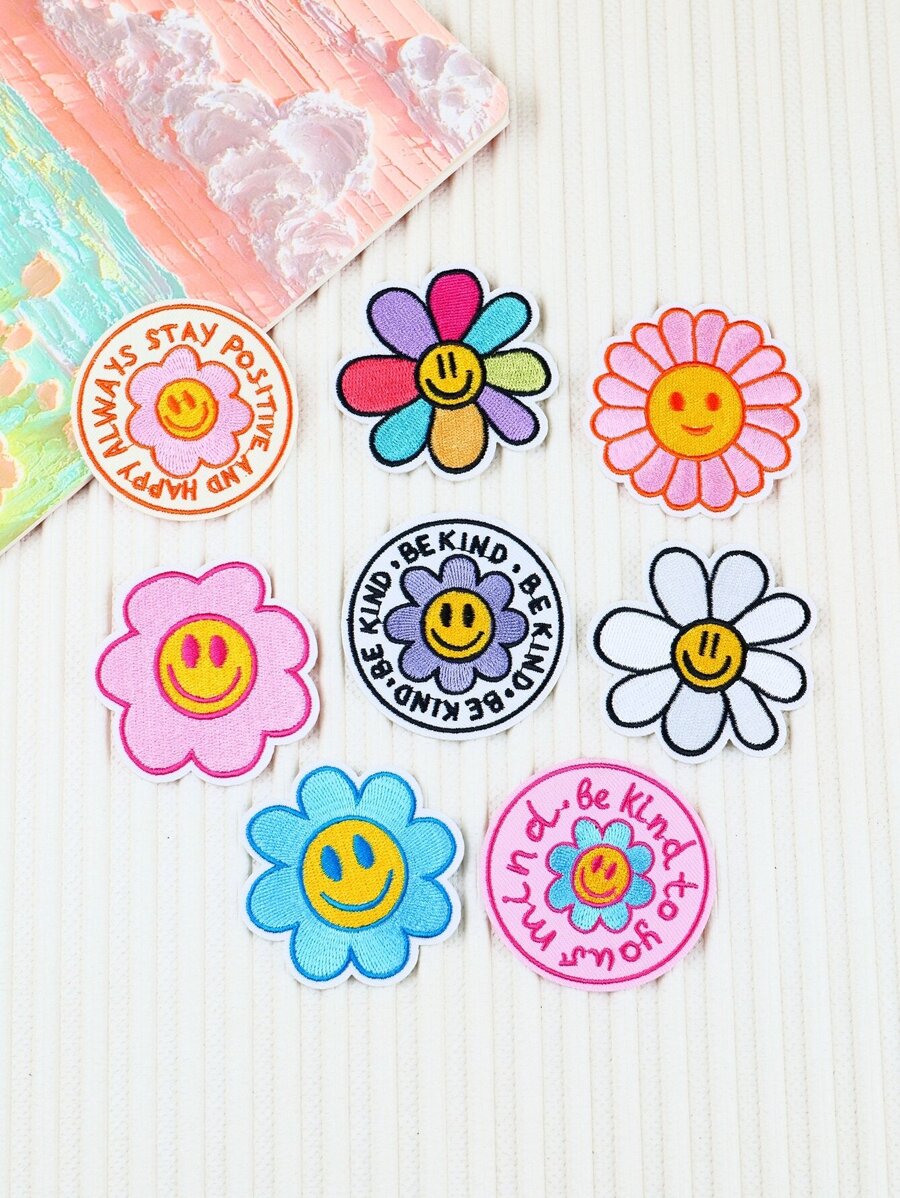 8入組含向日葵和微笑表情的自製刺繡貼片 - 彩色 - 查看 1