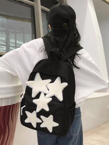 可愛的星星裝飾背包,可愛的學院風帆布書包,女士每日便攜筆記本電腦包和背包 - 黑與白 - 查看 3