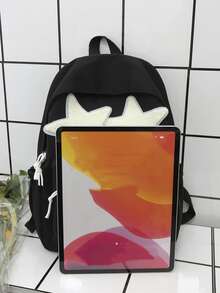 可愛的星星裝飾背包,可愛的學院風帆布書包,女士每日便攜筆記本電腦包和背包 - 黑與白 - 查看 9