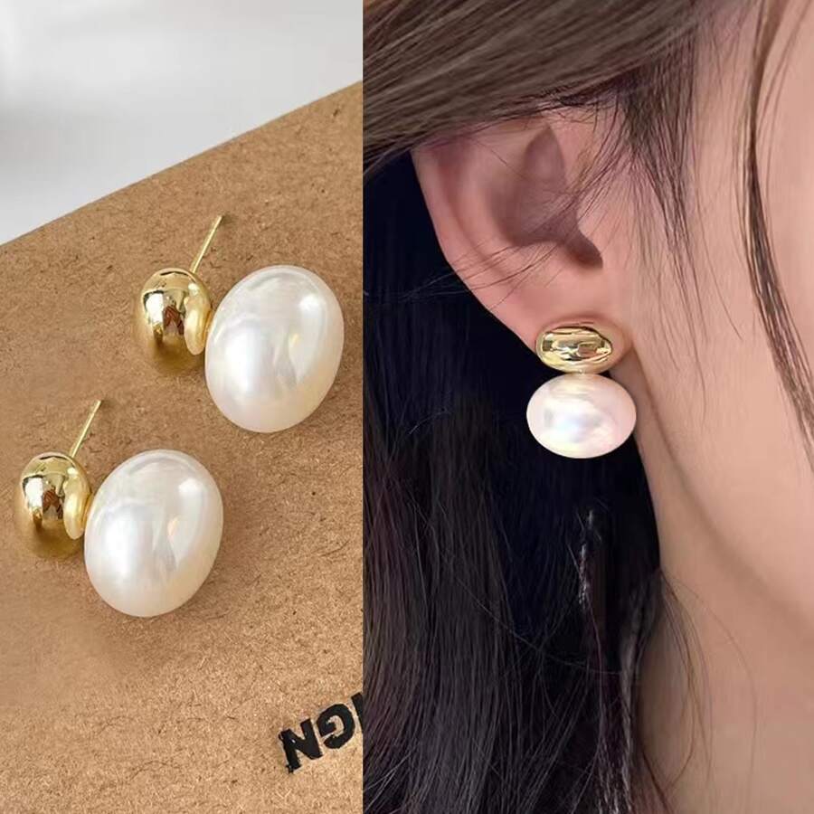 1 Pair Women's Everyday Wear Metal Style Gold Plated Faux Pearl Bead Stud Earrings - Gold - View 1