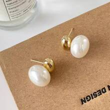 1 Pair Women's Everyday Wear Metal Style Gold Plated Faux Pearl Bead Stud Earrings - Gold - View 3