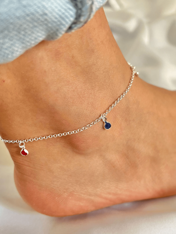 Tornozeleira Zirconia Ponto de Luz Colorida Prata 925 Legitima